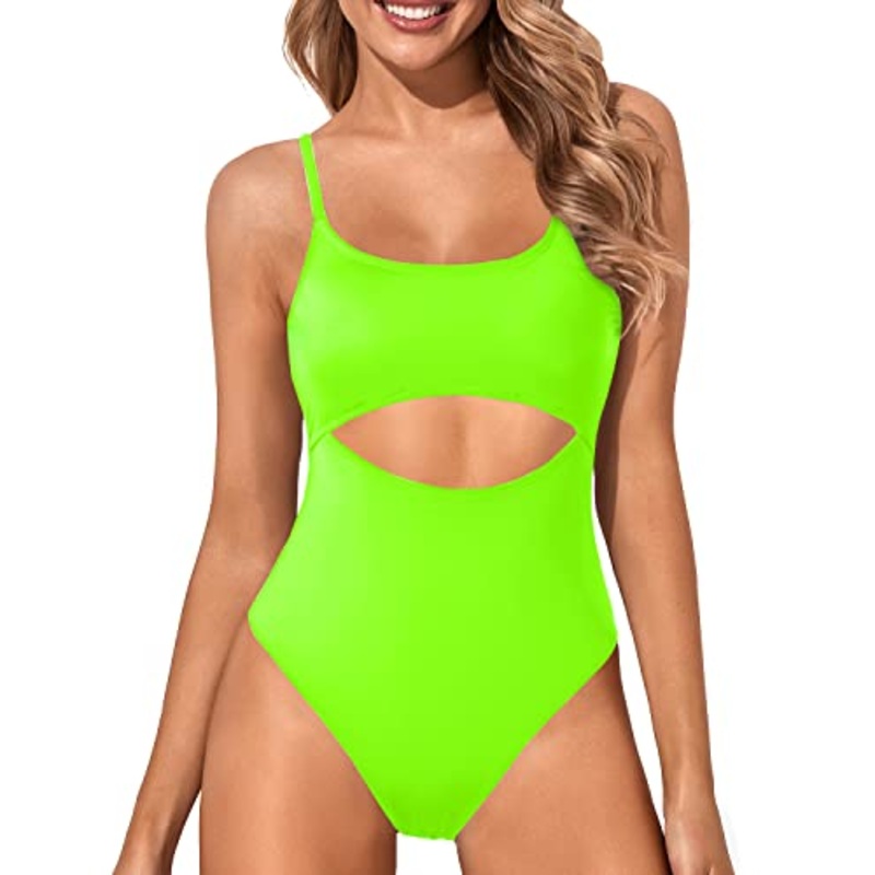 Women's Cutout Scoop Neck High Cut One Piece Swimsuit-Neon Green