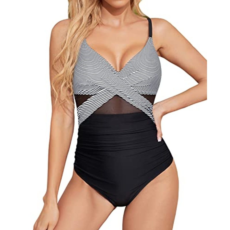 Women's Cutout V Neck Push Up Tummy Control One Piece Swimwear-Black White