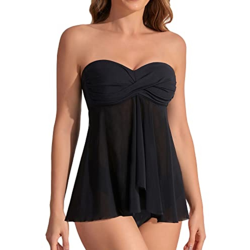Women's Flyaway Halter Bandeau Tankini Mid Rise Bottoms-Black