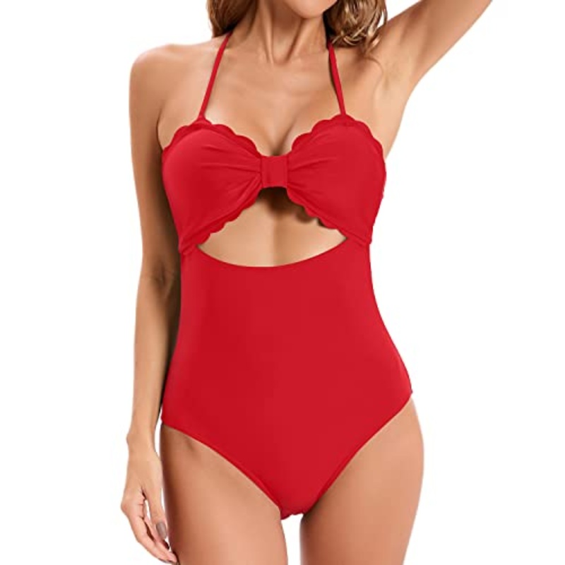 Women's Full Coverage Ruched High Waist Bikini Bottoms-Red