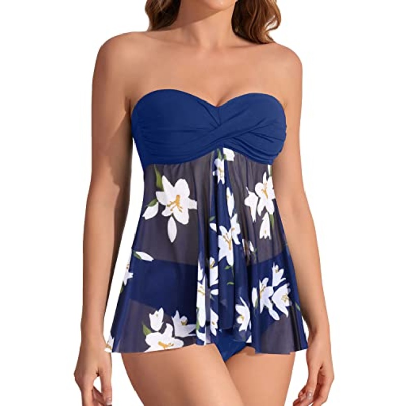 Women's Halter Bandeau Flyaway Tankini Set Mid Rise Bikini Bottoms-Blue White