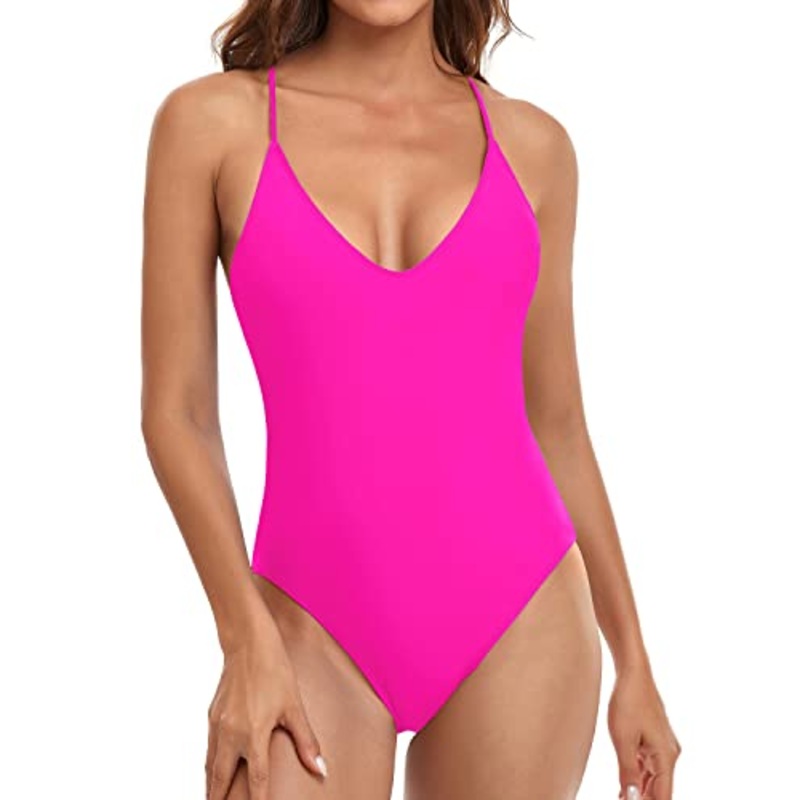 Women's High-Cut Wrap Bodysuit Sexy One Piece Swimsuits-Neon Pink
