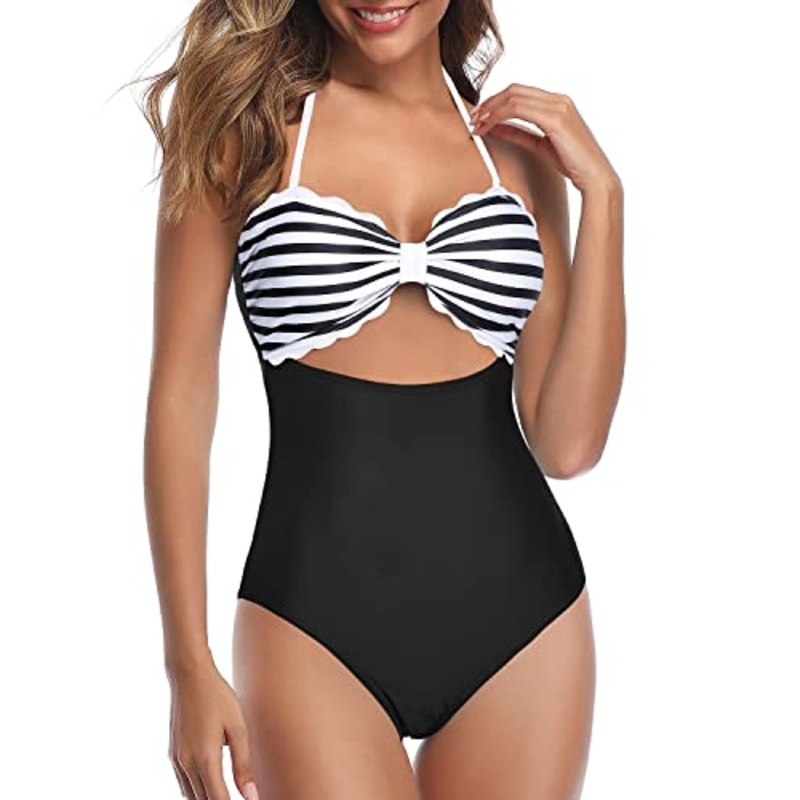 Women's High Waist Ruched Tummy Control Swim Bottoms-Black And White Stripe