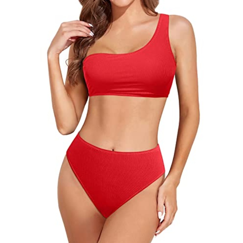 Women's High Waisted One Shoulder Bikini High Leg Cut-Red