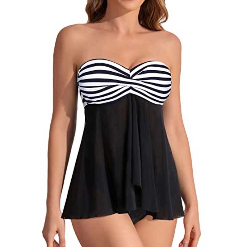 Women's Mid Rise Halter Bandeau Flyaway Tankini Swimsuit-Black And White Stripe