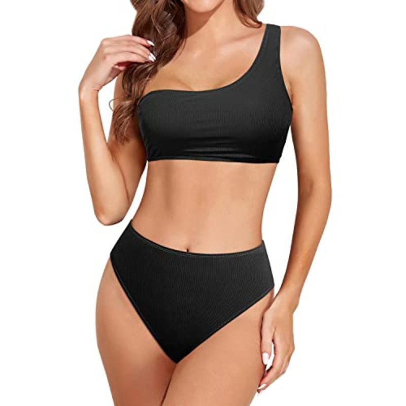 Women's One Shoulder High Waisted High Cut Bikini Set-Black