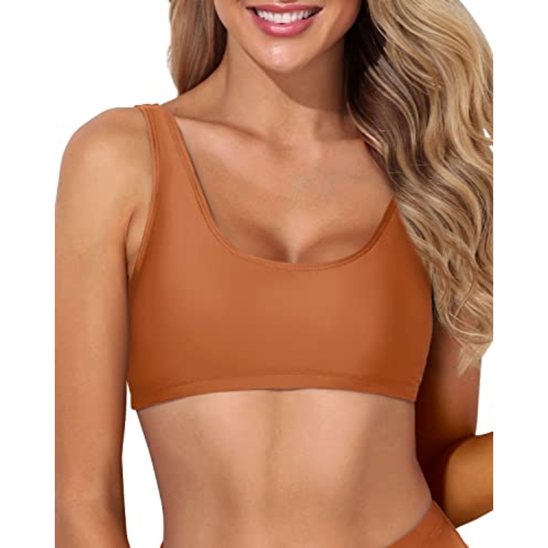 Women's Scoop Neck Sports Bra Bikini Top For Swimming-Brown