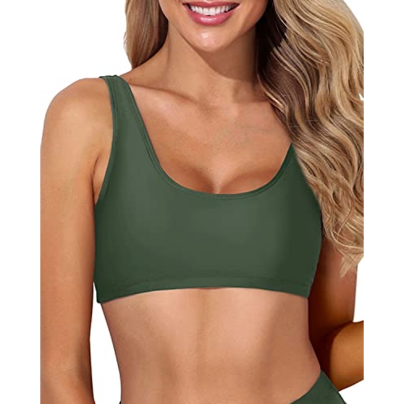 Women's Scoop Neck Sports Bra Bikini Top-Olive Green