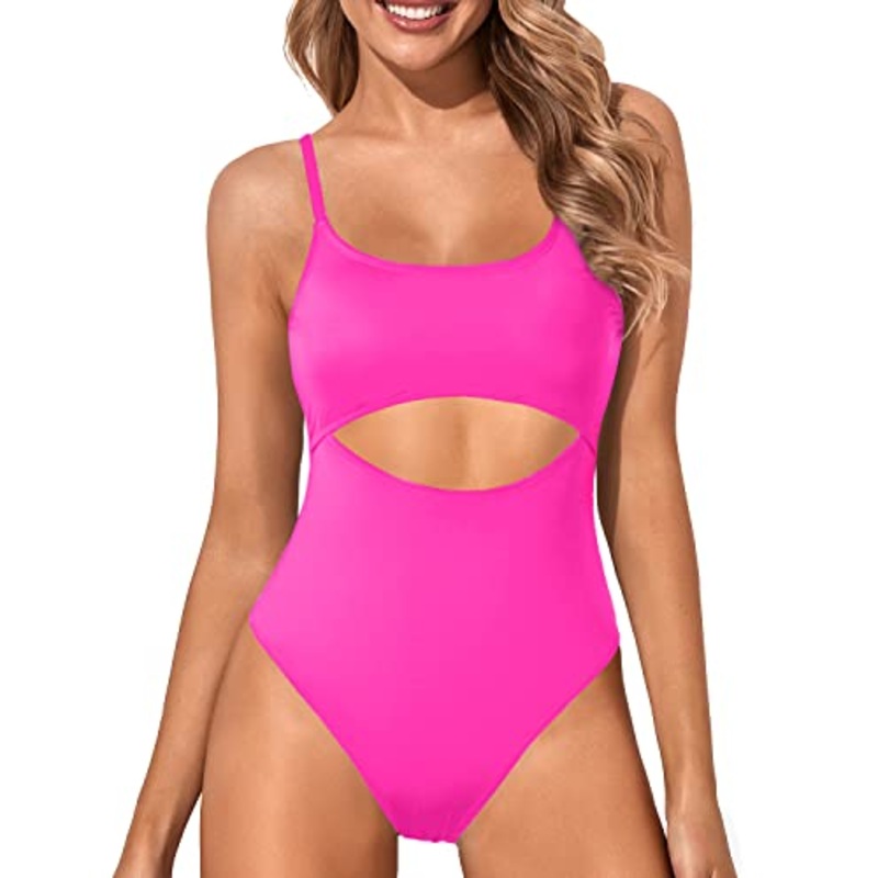 Women's Sexy Lace Up Cutout Strappy One Piece Swimsuit-Neon Pink