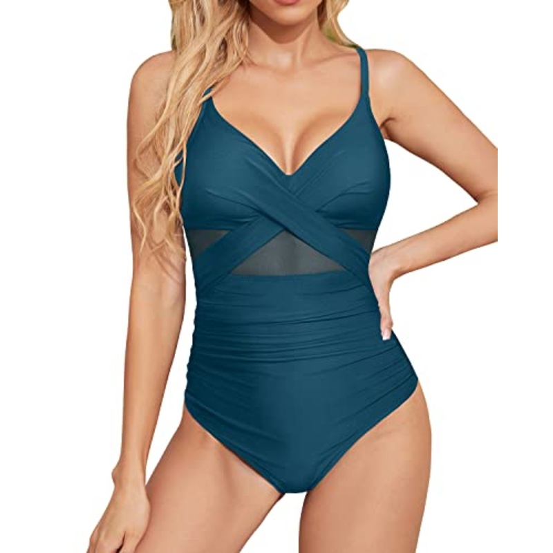 Women's Tummy Control Push Up Cutout V Neck One Piece Swimwear-Teal