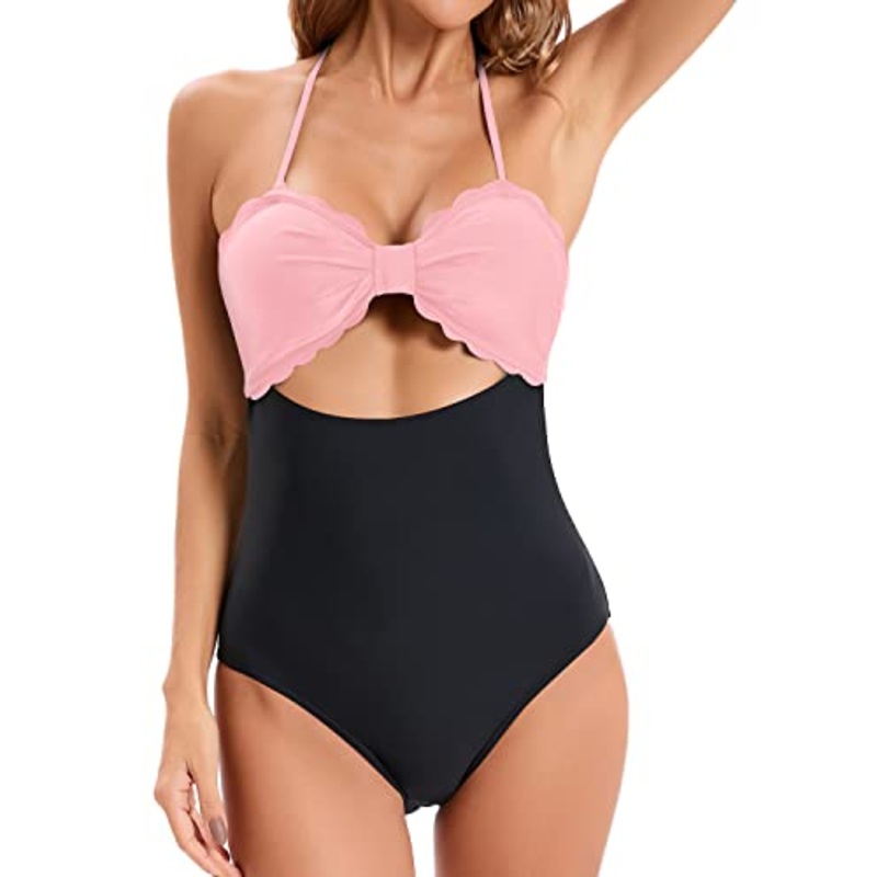 Women's Tummy Control Ruched High Waisted Swim Shorts Bikini Bottom-Pink And Black
