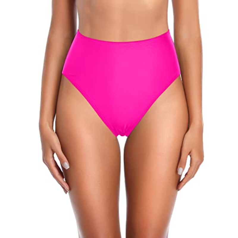 Women's Vintage High Waist Swim Bottoms-Neon Pink