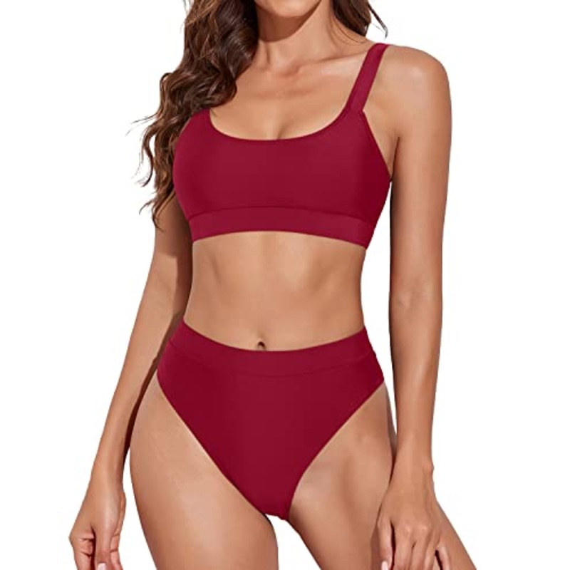 Women Tummy Control Bathing Suits High Rise Athletic Bikini-Red