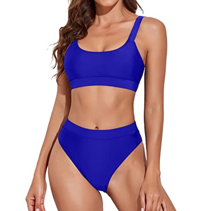 Women Tummy Control Swimsuits Sporty Scoop Neck Bikini-Royal Blue