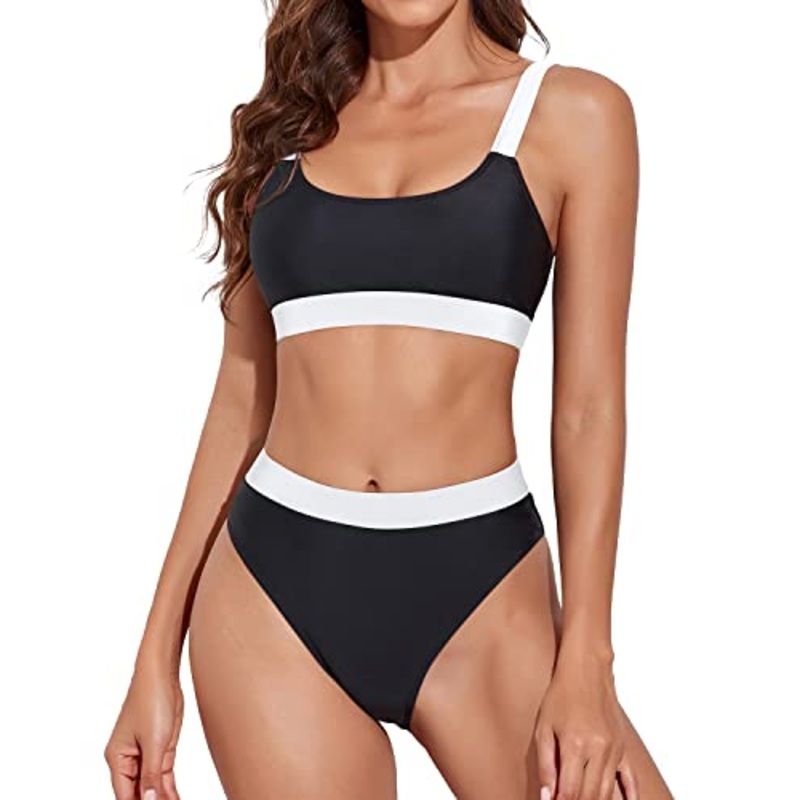 Women Two Piece Bikini Swimsuits Bottoms High Rise Athletic Bikini-Black And White