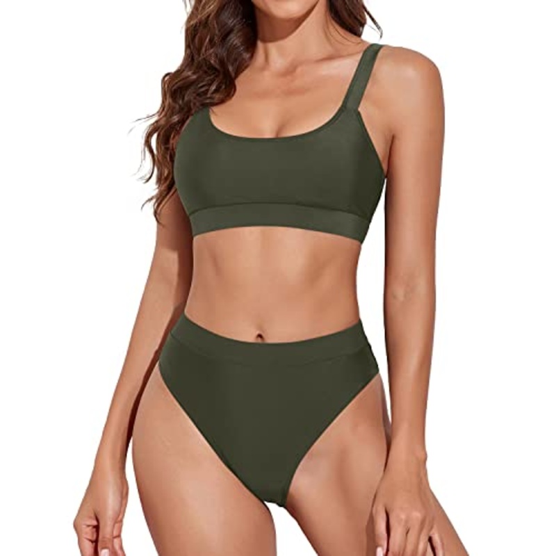 Women Two Piece High Waisted Bikini Swimsuits Sporty Scoop Neck Bikini-Army Green