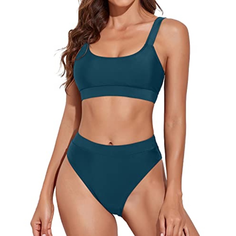 Women Two Piece Sporty Scoop Neck High Waisted Bikini Swimsuits-Teal