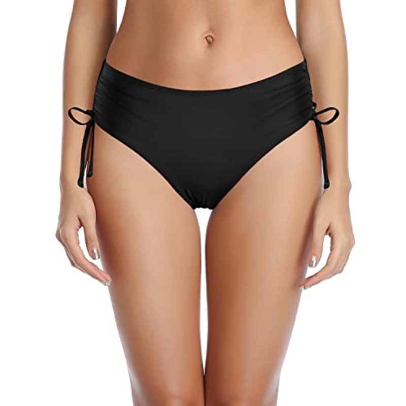 Womens Adjustable Bathing Suit Swimsuit Cheeky Swim Bottom Side Tie Bikini Bottom-Black