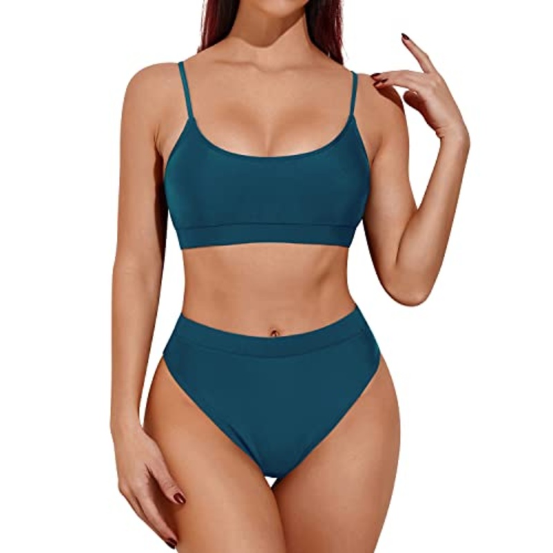 2 Piece Slim And Sexy High Waisted Bikini Sporty Scoop Neck Swimsuits-Teal