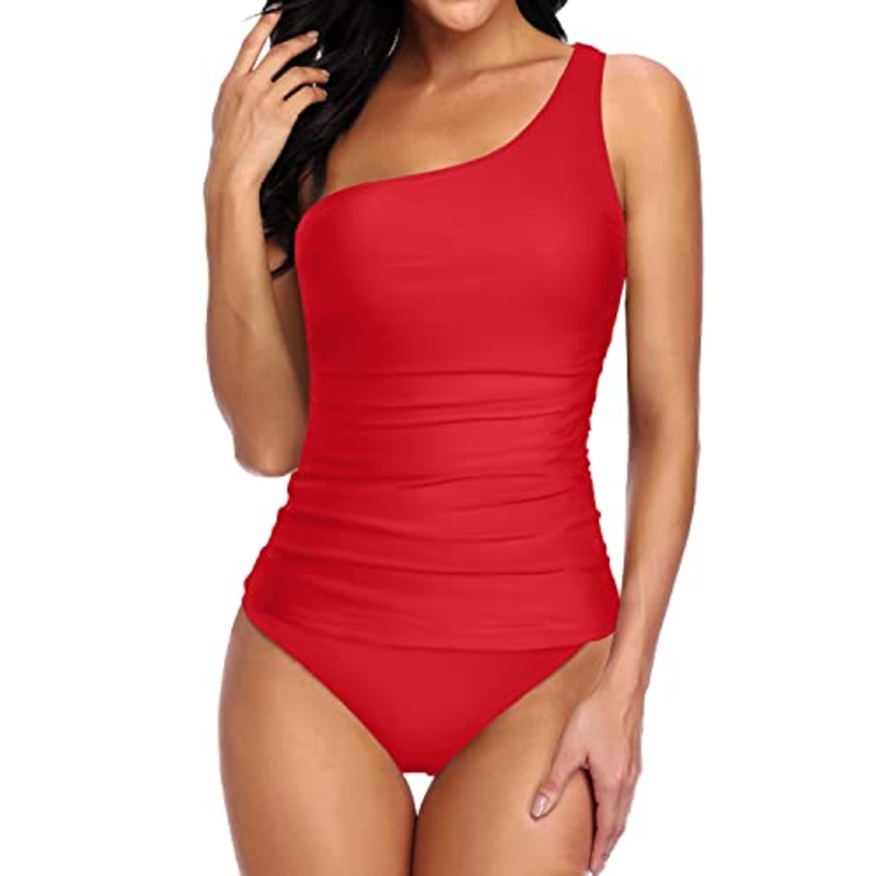 2 Piece Tummy Control Bathing Suit One Shoulder Tankini For Women-Red