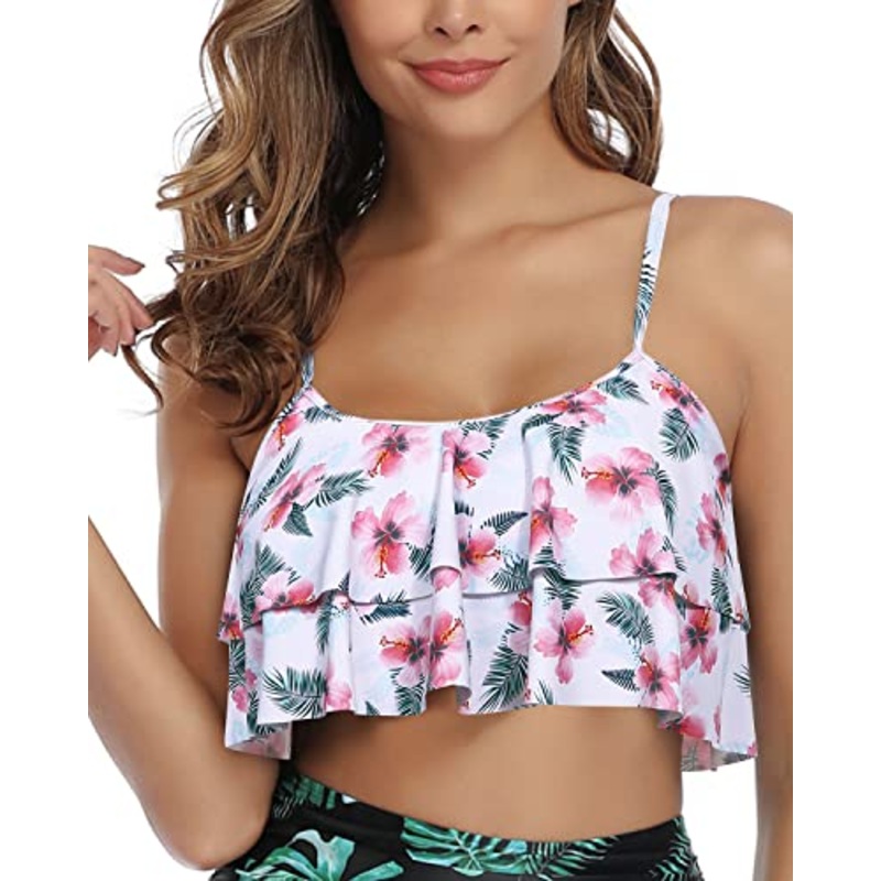 Adjustable Bra Style Women Flounce Swimsuit Top-White And Pink Floral