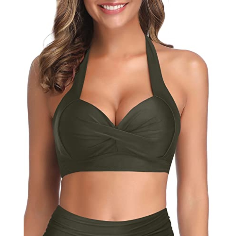 Adjustable Halter Neck Push Up Bikini Top Only-Army Green