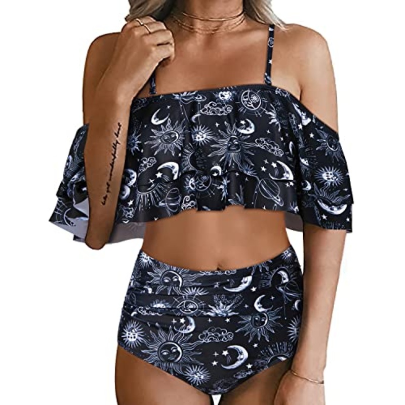 Attractive Off Shoulder High Waisted Ruffle Bikini Set-Black Sun And Moon