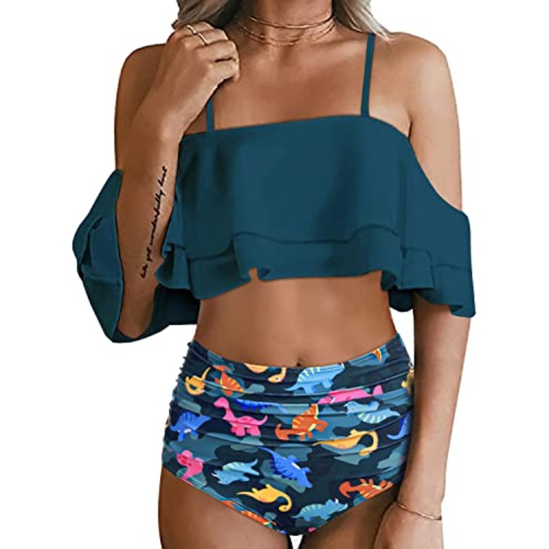 Charming High Waisted Ruffle Bikini Set For Women-Blue Green Dinosaur