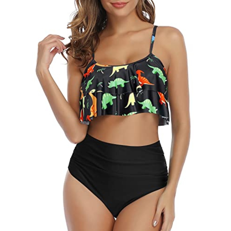Chic Ruffle High Waisted Ruched Women's Bikini Set-Black Dinosaur