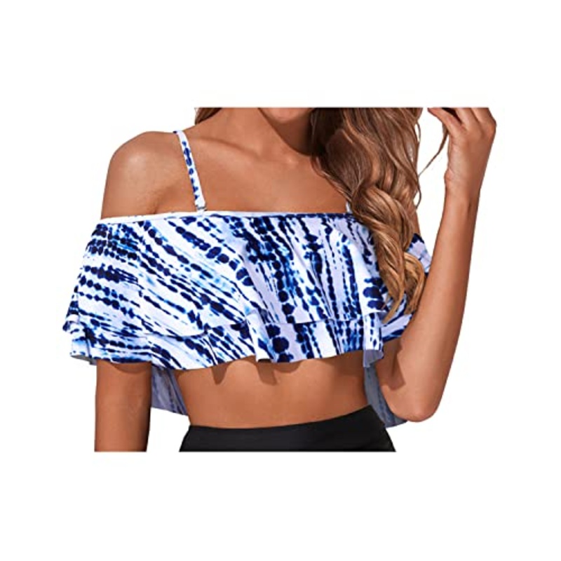 Chic Tiered Flounce Swimsuit Top For Women-Blue Tie Dye