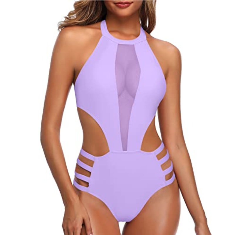 Cutout Halter High Neck Backless One Piece Swimsuit-Light Purple