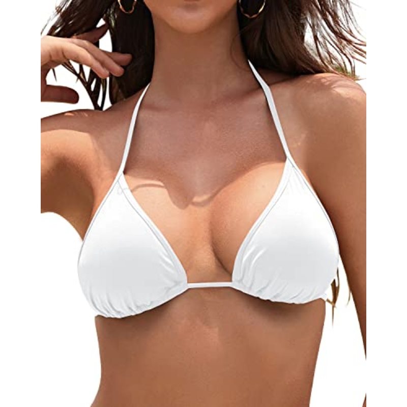 Deep V-Neck Big-Breasted Triangle Bikini Top String Bathing Suits Top-White