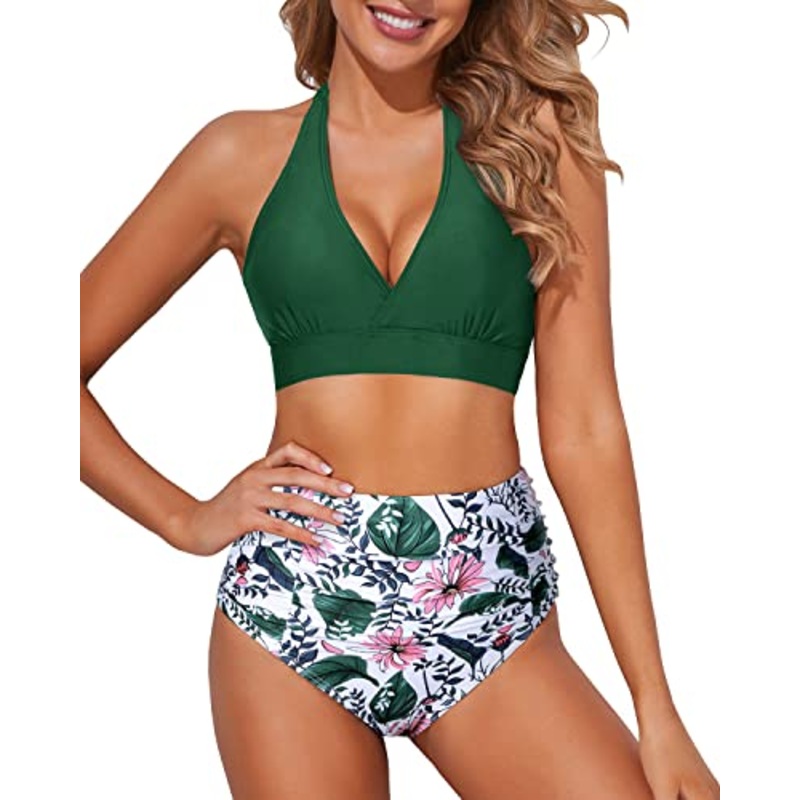 Double Buckles High Waisted Bikini Women's Bikini Swimsuits-Green Pink Flower