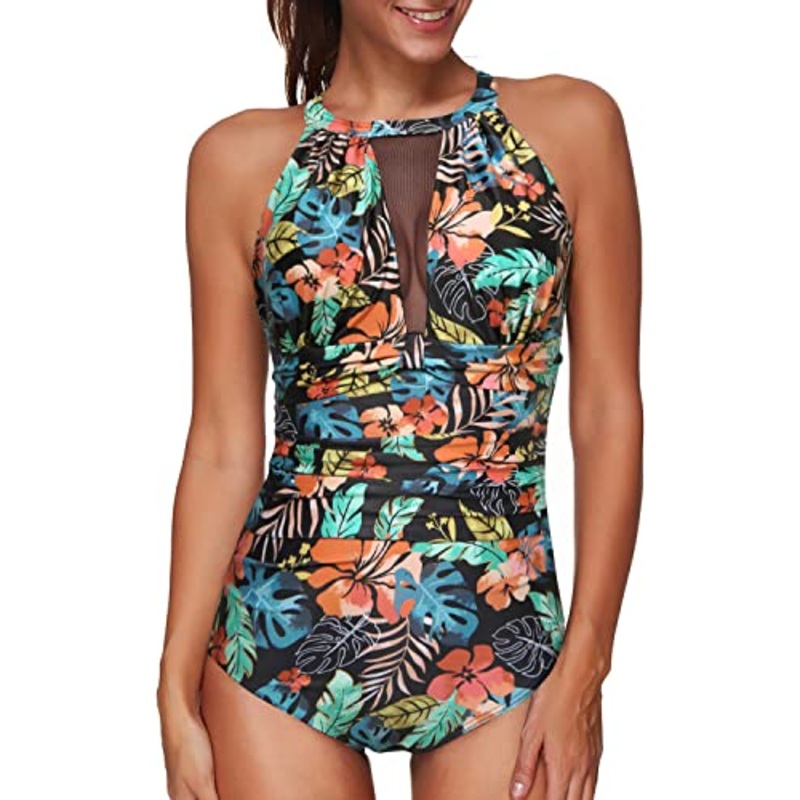 Elegant Mesh Ruched Monokini Women One Piece Swimsuit-Black Red Flower