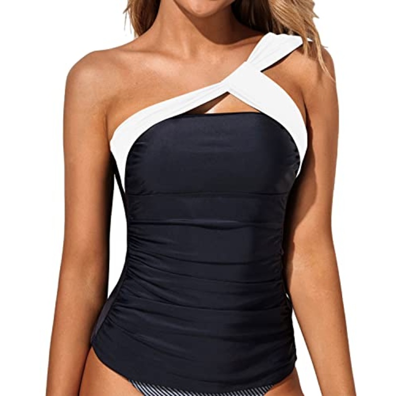 Eye-Catching One Shoulder Swim Top Asymmetric Cut Swim Tops-White