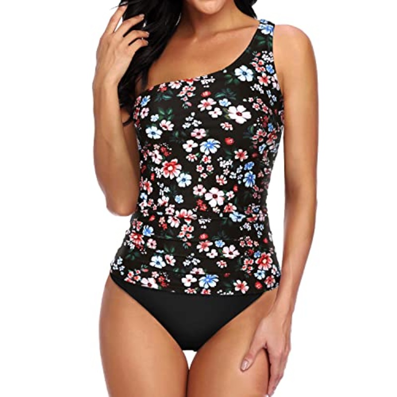 Fashionable One Shoulder Tankini Bikini Bottoms For Women-Black Flowers