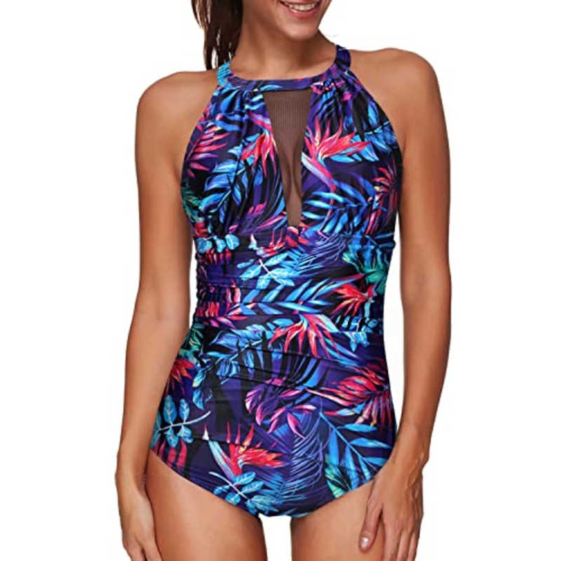 Fashionable Plunge Neck Mesh Monokini Women One Piece Swimsuit-Blue Leaves