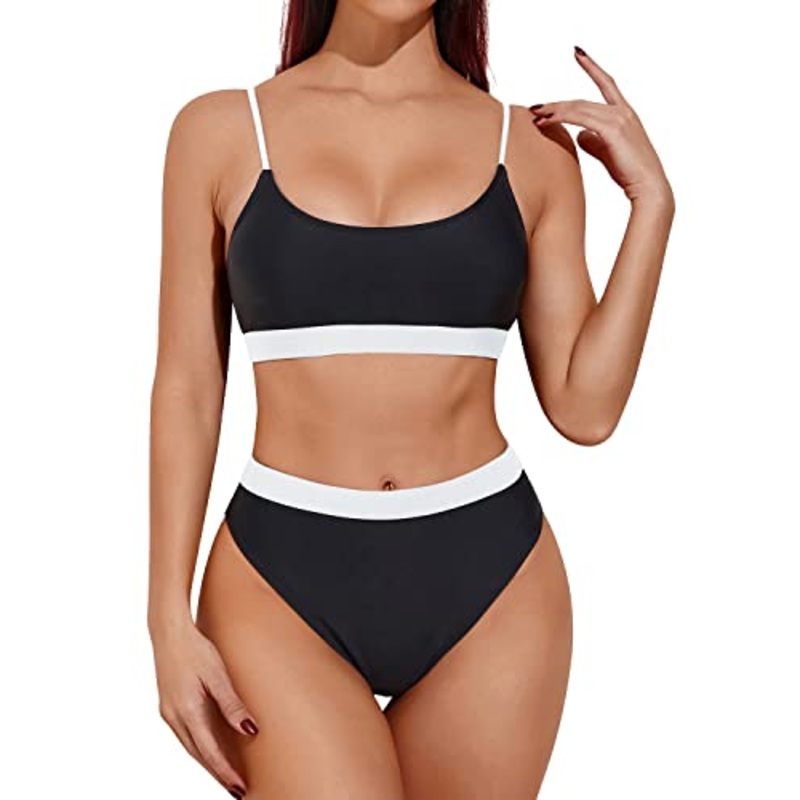Female Curves Enhancing High Waisted Bikini Sporty Scoop Neck Swimsuits-Black And White