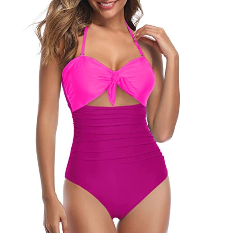 Flattering Look Tummy Control One Piece Swimsuits-Phosphor And Dark Pink