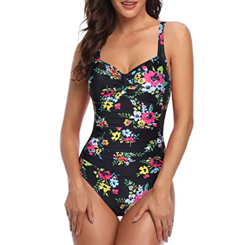 Flattering Ruched Pattern Long Torso Swimsuits For Women-Black Floral