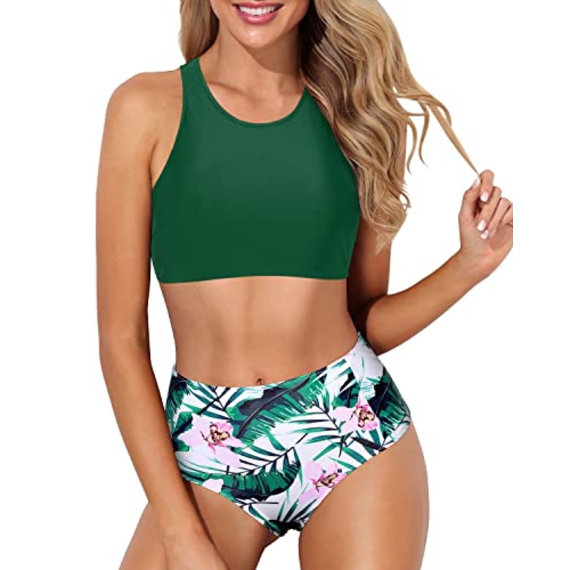 Full Coverage High Neck Racerback Two Piece Bikini Set-Green Tropical Floral