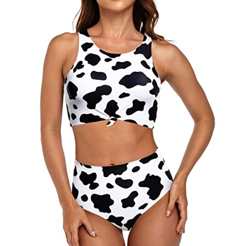 Full Coverage High Waist Bikini Sporty Two Piece Swimsuits-Black And White Cow Pattern1