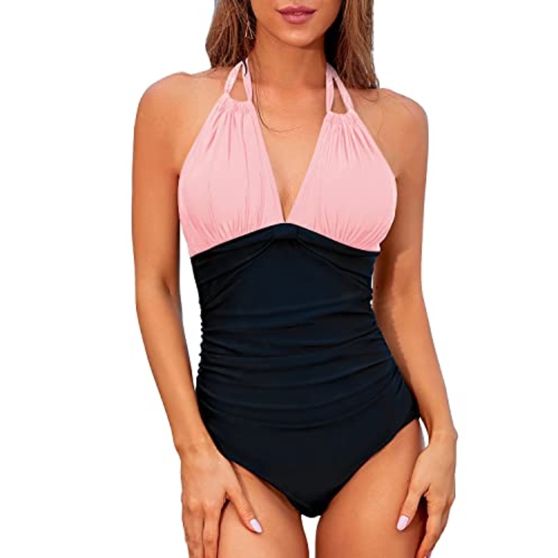 Halter Bathing Suits Tummy Control Backless Swimwear-Pink And Black
