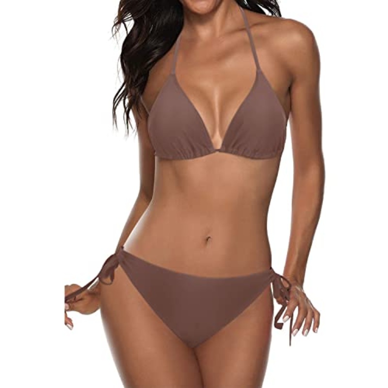 Halter Padded Top Tie Side Bottom Triangle Push Up Bikini-Light Brown