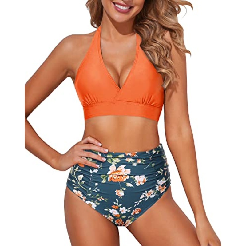 Halter Self Tie High Waisted Bikini Set Women's Bikini Swimsuits-Orange Flowers