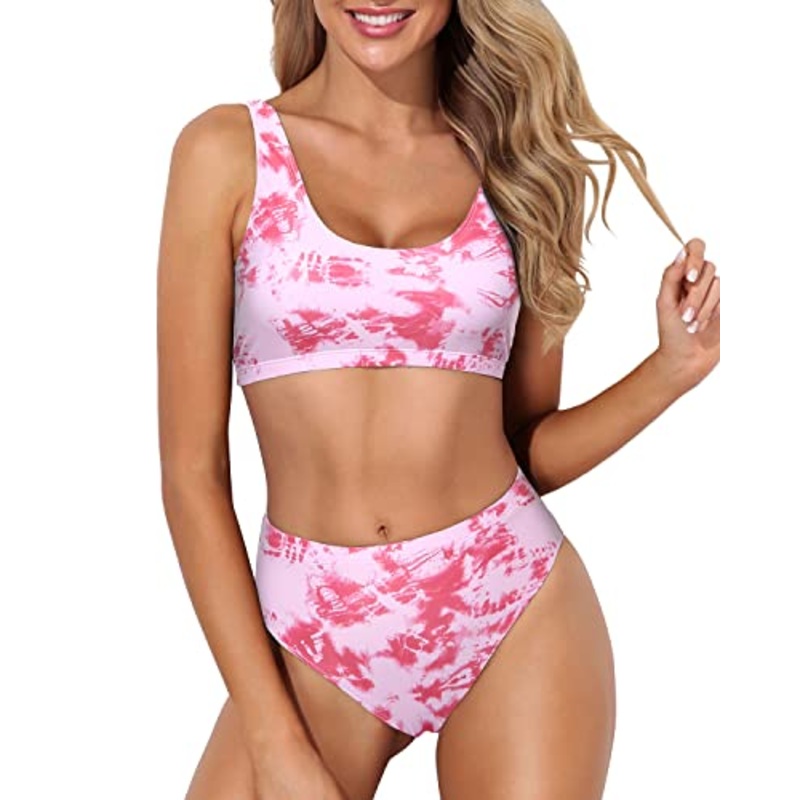 High Cut Bikini Crop Top Bottoms For Long Torso Two Piece Scoop Neck Bikini-Pink Tie Dye