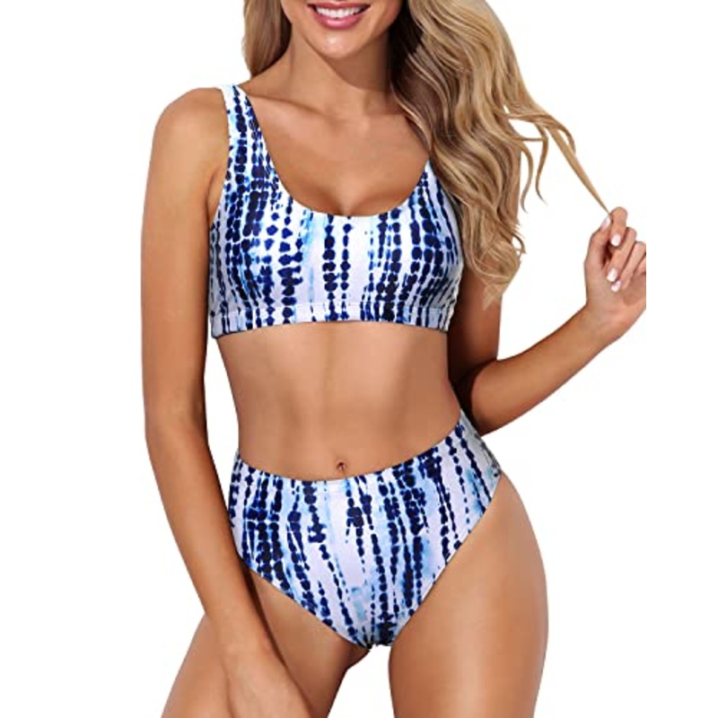 High Cut Swimsuit Sporty Two Piece Scoop Neck Bikini For Long Torso-Blue Tie Dye