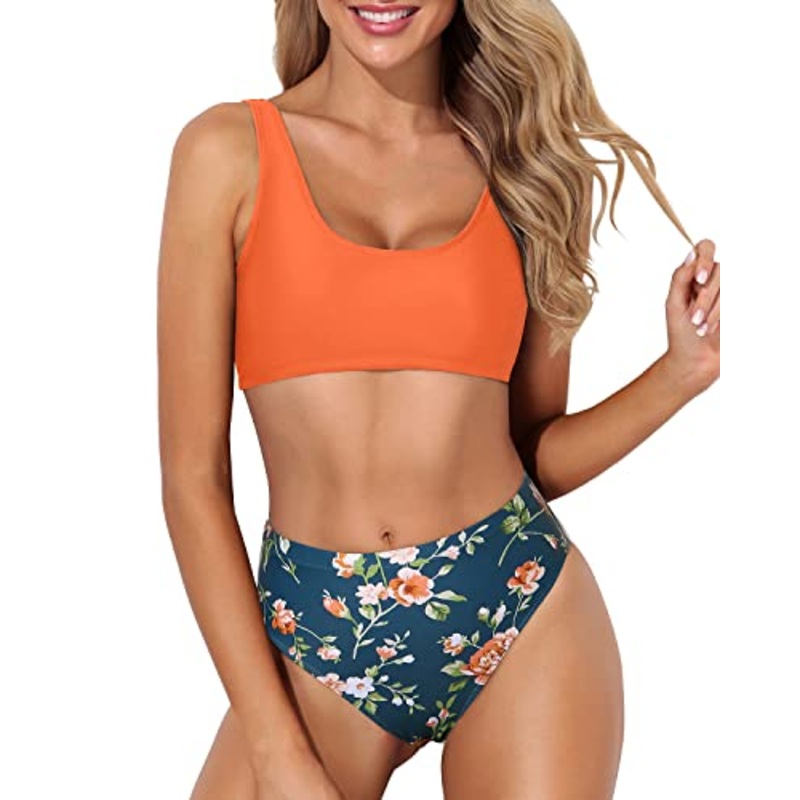 High Waisted Bikini Bottom For Long Torso Two Piece Scoop Neck Bikini-Orange Flowers