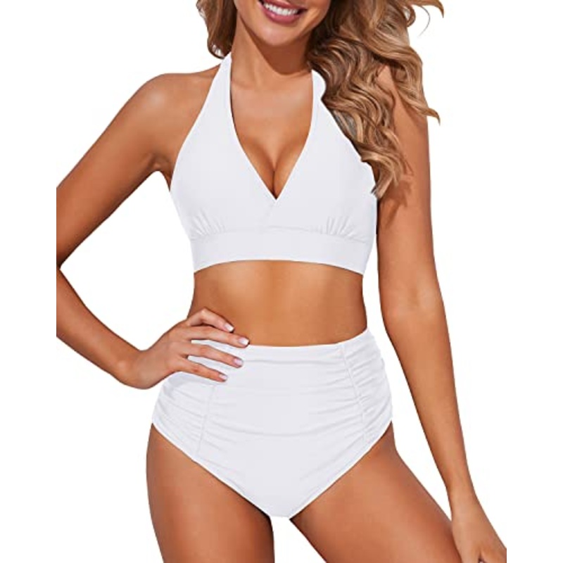 High Waisted Bikini Bottoms Ruching Women's Bikini Swimsuits-White