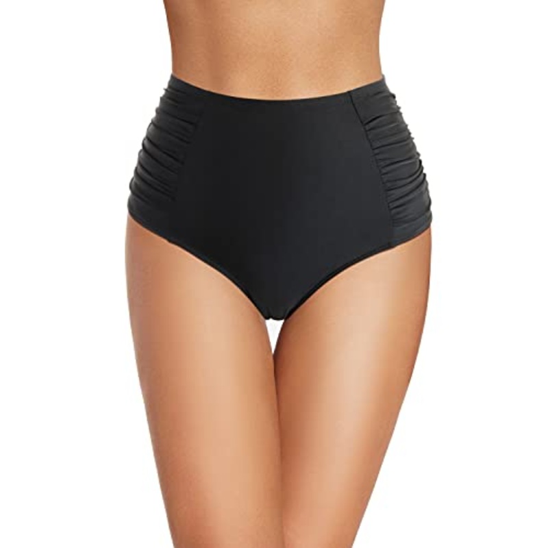 High Waisted Bikini Bottoms Tummy Control Swimsuit Bottoms-Black